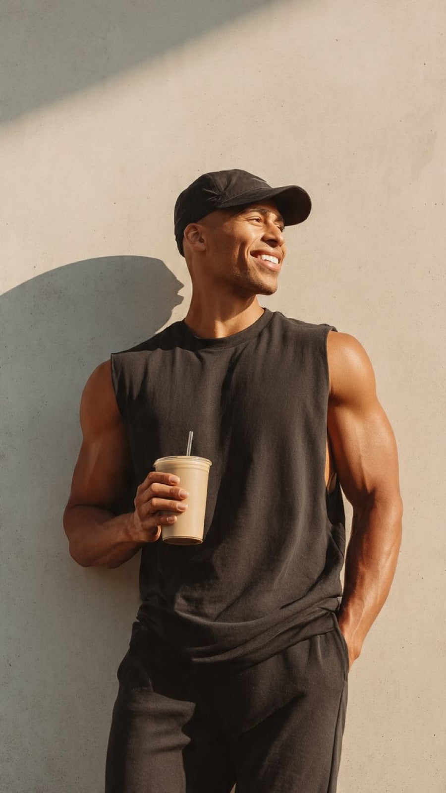 Man in training gear holding a drink in the sun